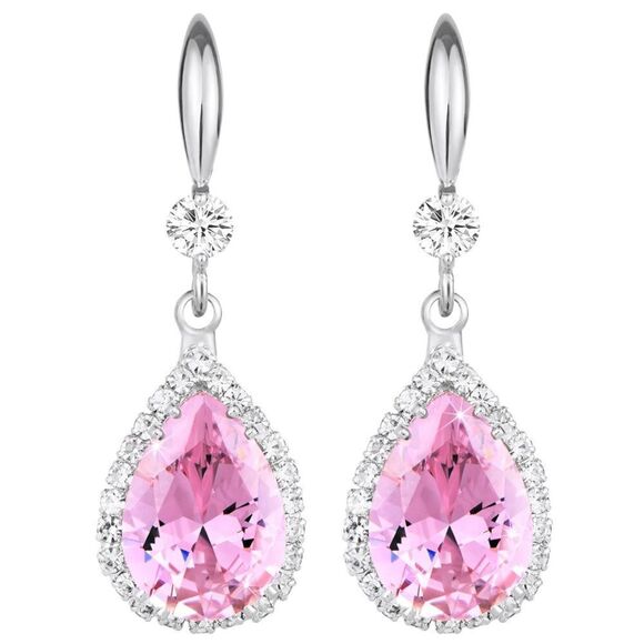 14K White Gold with Pink Sapphire Cubic Zirconia Teardrop Hook Dangle Earrings - Picture 1 of 5